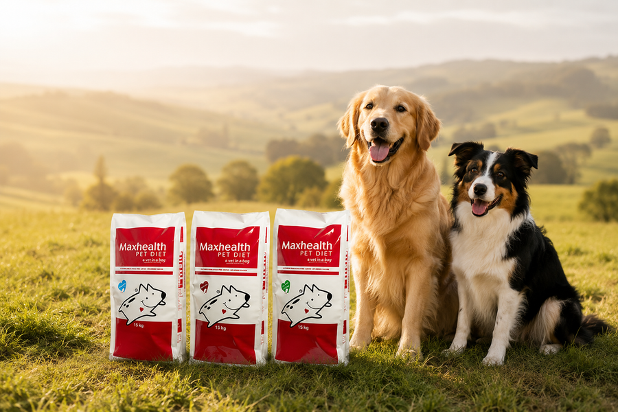 Two dogs resting in a sunlit field